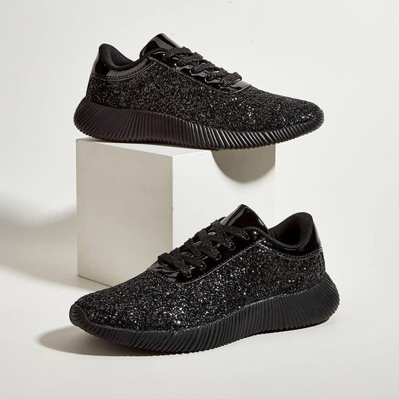 Brand New Women Black Rubber Glitter Sparkly Lightweight Tennis Shoes LUCKY STEP - Picture 6 of 9